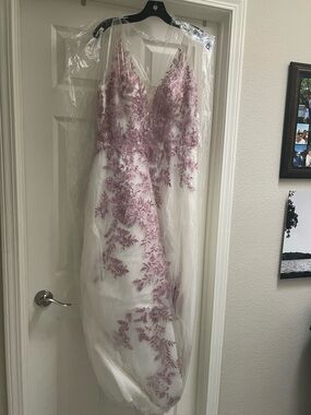 Ivory Tulle Gown with Dusty Rose Floral Appliqué
